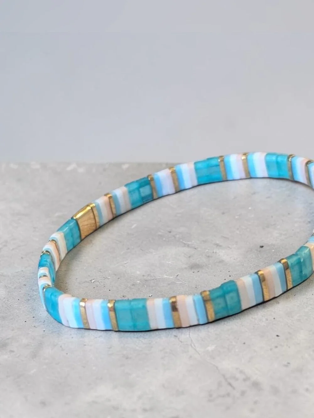 Turquoise & White Glass Tila Tile Stretch Bracelet